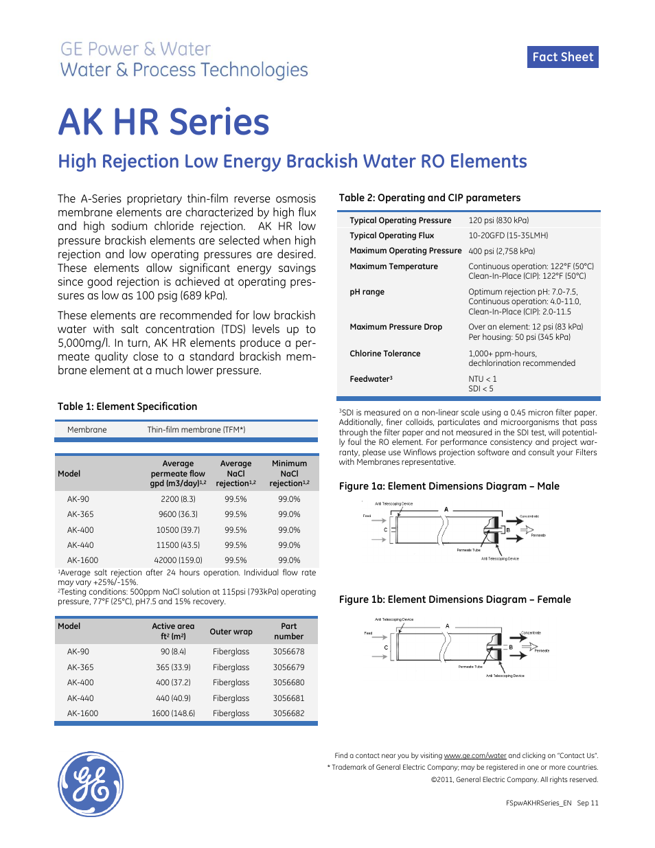 GE P&W Spiral Wound Membranes - AK HR Series User Manual | 2 pages