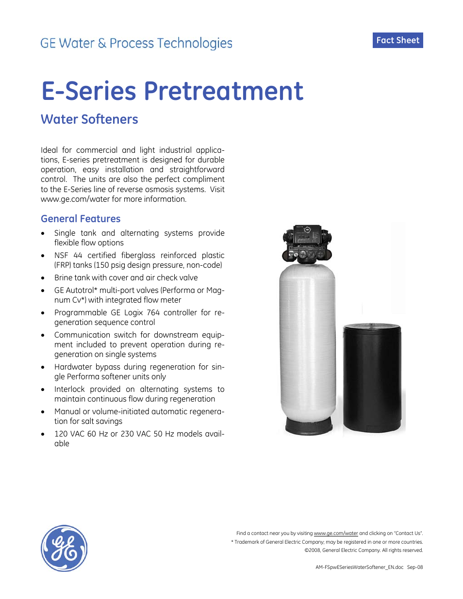 GE P&W E-Series Pretreatment - Water Softeners User Manual | 2 pages