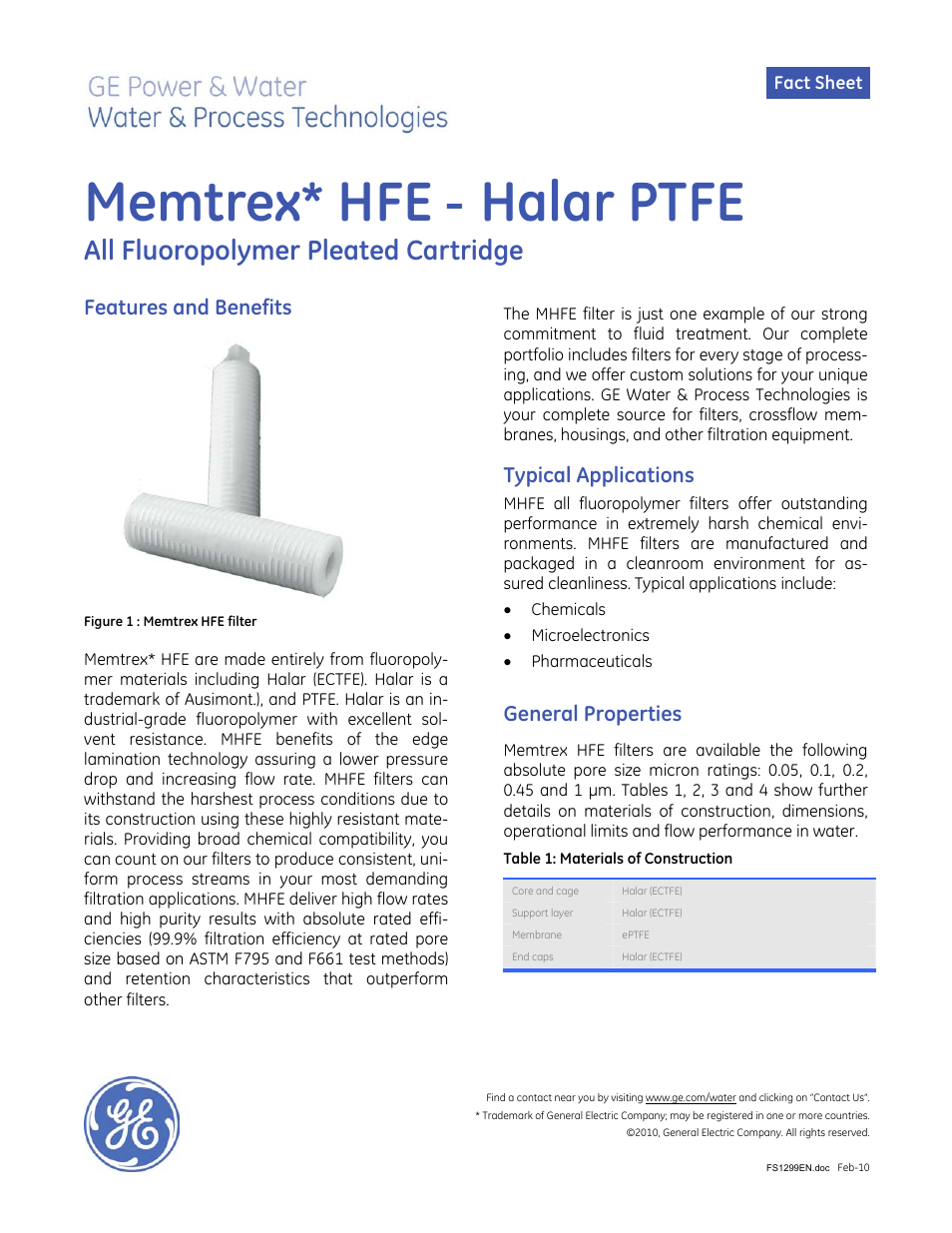 GE P&W Pleated Filters - Memtrex HFE - Halar PTFE User Manual | 2 pages