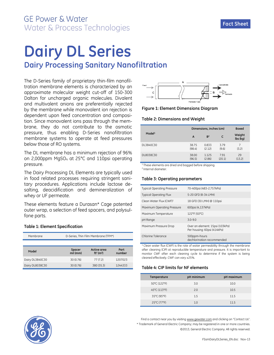 GE P&W Spiral Wound Membranes - Dairy DL Series User Manual | 1 page