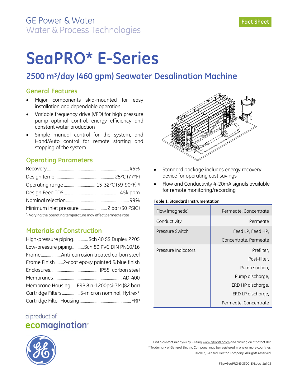 GE P&W SeaPRO-E-210 - 2500 m3_day (460 gpm) User Manual | 2 pages