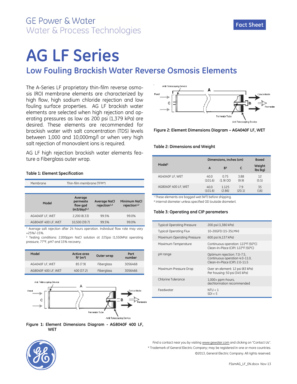 GE P&W Spiral Wound Membranes - AG LF Series User Manual | 1 page