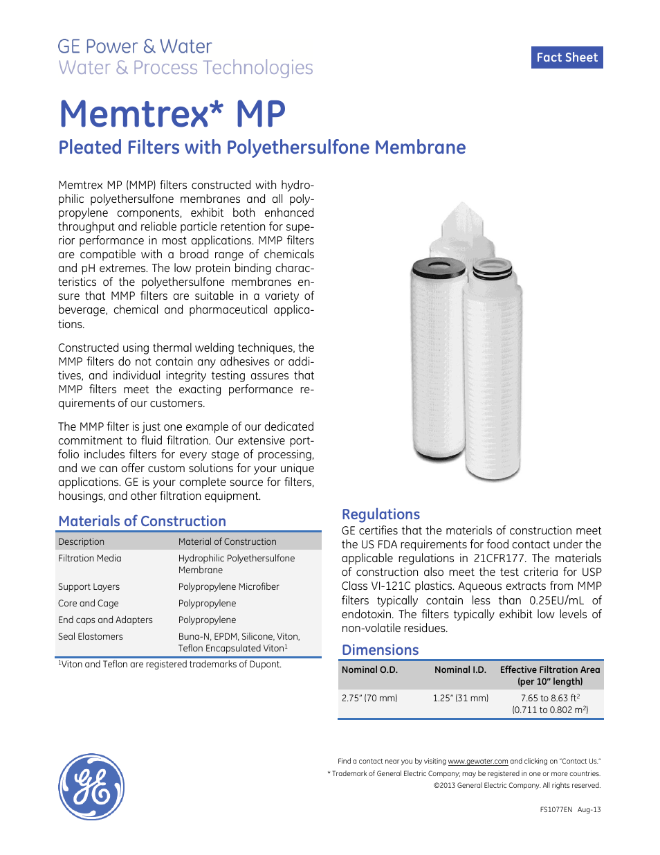 GE P&W Pleated Filters - Memtrex MP Pleated Filters User Manual | 4 pages