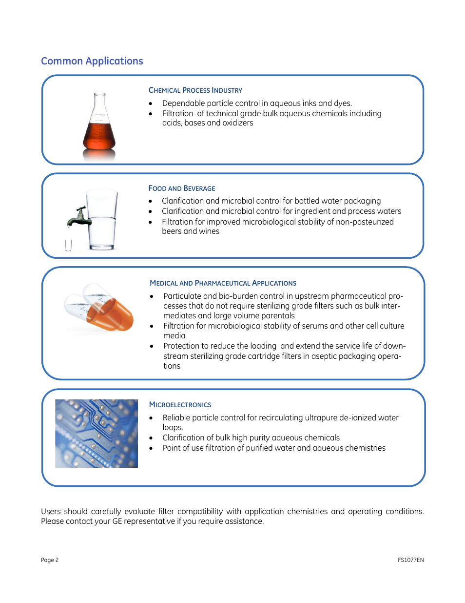 Common applications, Chemical process industry, Food and beverage | Medical and pharmaceutical applications, Microelectronics | GE P&W Pleated Filters - Memtrex MP Pleated Filters User Manual | Page 2 / 4