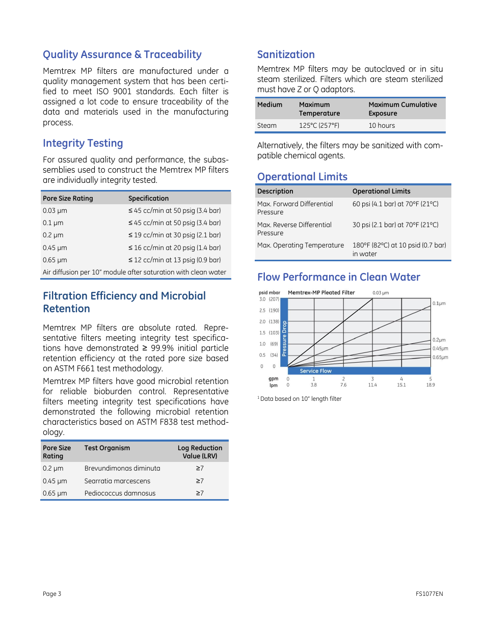 Quality assurance & traceability, Integrity testing, Filtration efficiency and microbial retention | Sanitization, Operational limits, Flow performance in clean water | GE P&W Pleated Filters - Memtrex MP Pleated Filters User Manual | Page 3 / 4