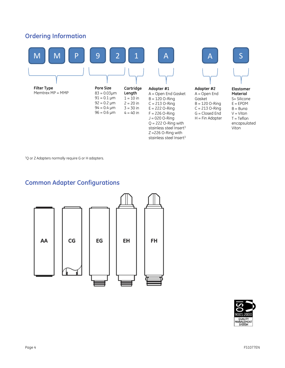 Ordering information, Common adapter configurations | GE P&W Pleated Filters - Memtrex MP Pleated Filters User Manual | Page 4 / 4
