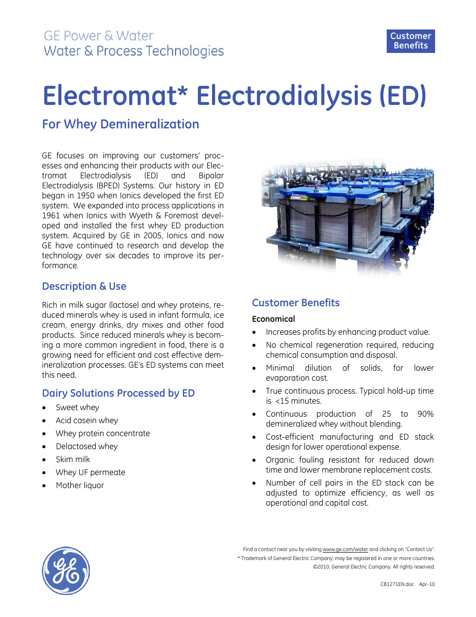 GE P&W Electrodialysis (ED) for Whey Demineralization User Manual | 2 pages