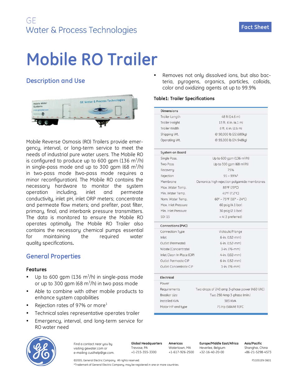 GE P&W Mobile Water Treatment Systems - Mobile RO Trailer User Manual | 2 pages