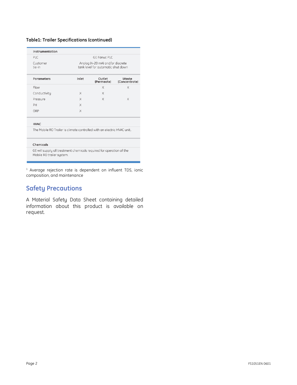 Safety precautions | GE P&W Mobile Water Treatment Systems - Mobile RO Trailer User Manual | Page 2 / 2