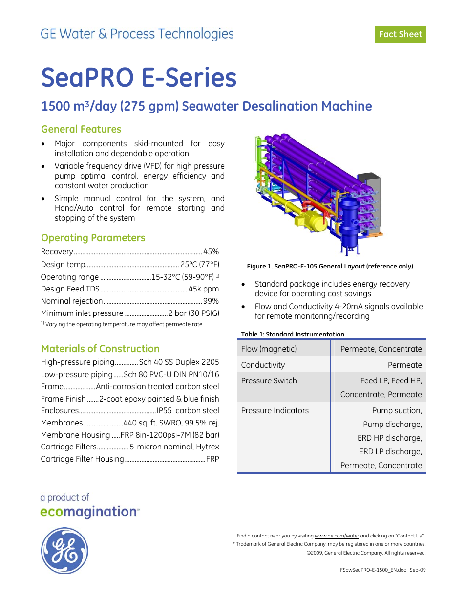 GE P&W SeaPRO-E-105 - 1500 m3_day (275 gpm) User Manual | 2 pages