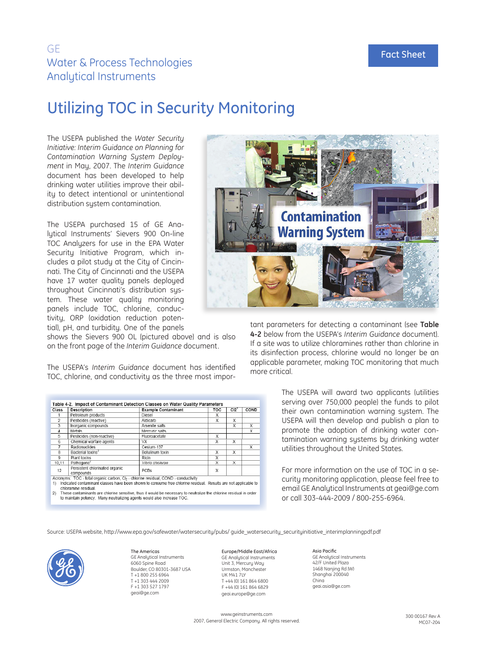 GE P&W Ultrapure and Drinking Water TOC Analyzers - Utilizing TOC in Security Monitoring User Manual | 1 page
