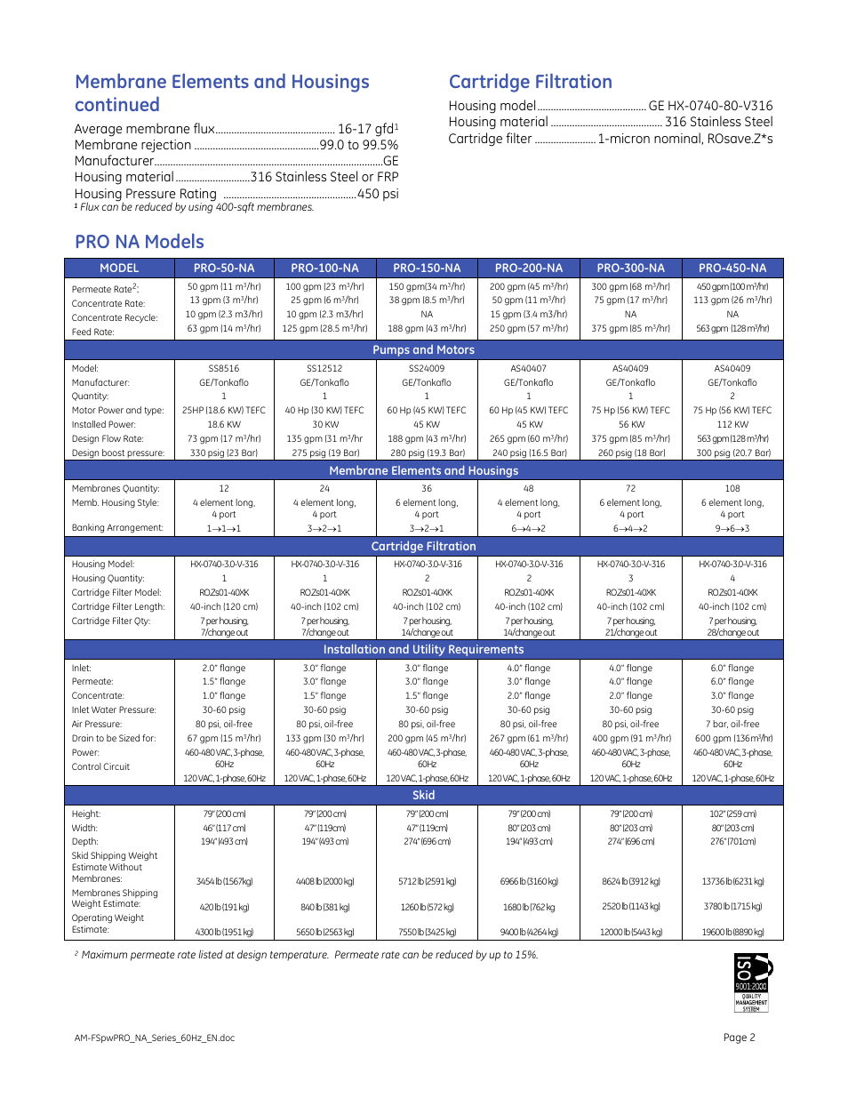 Membrane elements and housings continued, Cartridge filtration, Pro na models | Average membrane flux -17 gfd, Pumps and motors, Membrane elements and housings, Installation and utility requirements, Skid | GE P&W PRO NA Series 60 Hz User Manual | Page 2 / 2