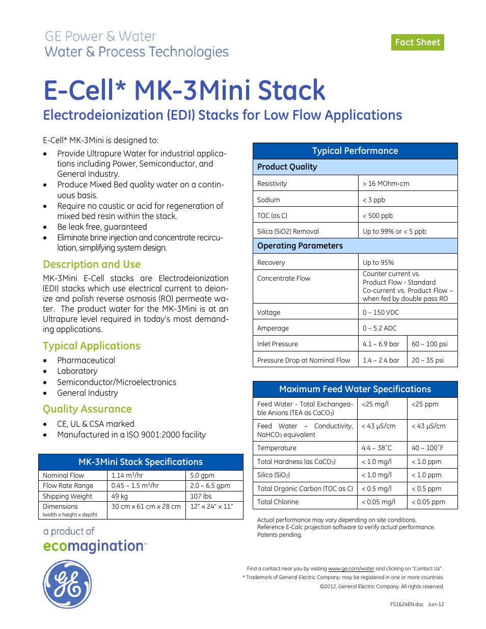 GE P&W Electrodeionization (EDI) - E-Cell MK-3Mini Stack User Manual | 1 page