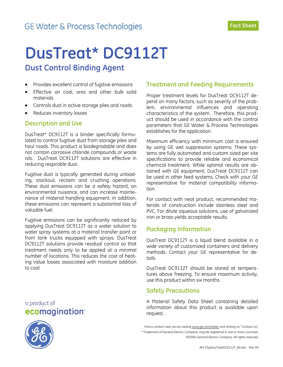 GE P&W CoalPlus - DusTreat DC9112T User Manual | 1 page