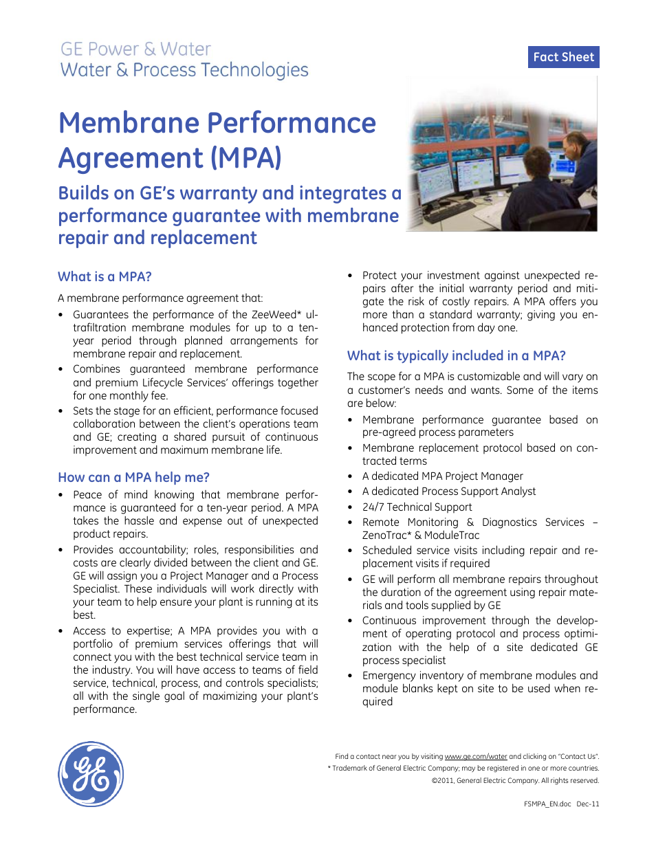 GE P&W Mobile Water Treatment Systems - Membrane Performance Agreements User Manual | 1 page