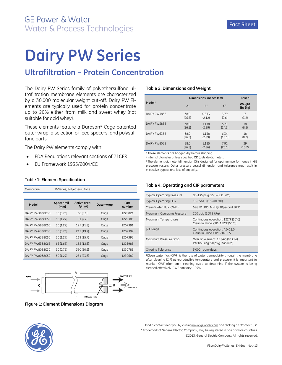 GE P&W Spiral Wound Membranes - Dairy PW Series User Manual | 1 page