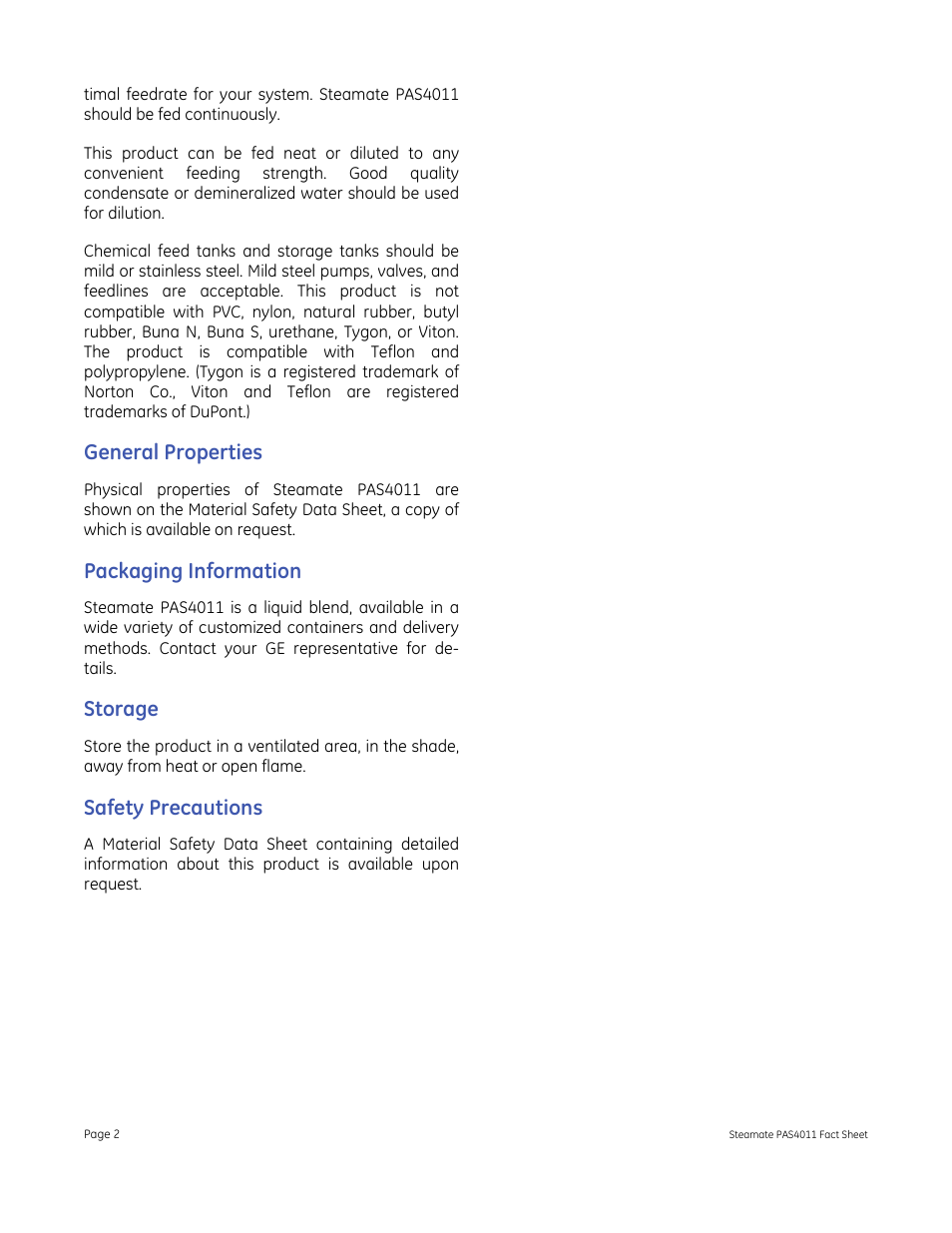 General properties, Packaging information, Storage | Safety precautions | GE P&W Hydrogen Sulfide Scavengers - Steamate PAS4011 User Manual | Page 2 / 2
