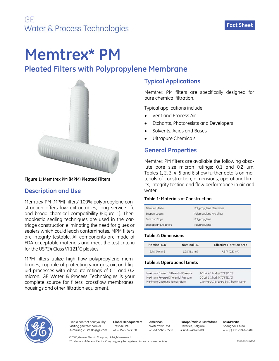GE P&W Pleated Filters - Memtrex PM Pleated Filters User Manual | 2 pages