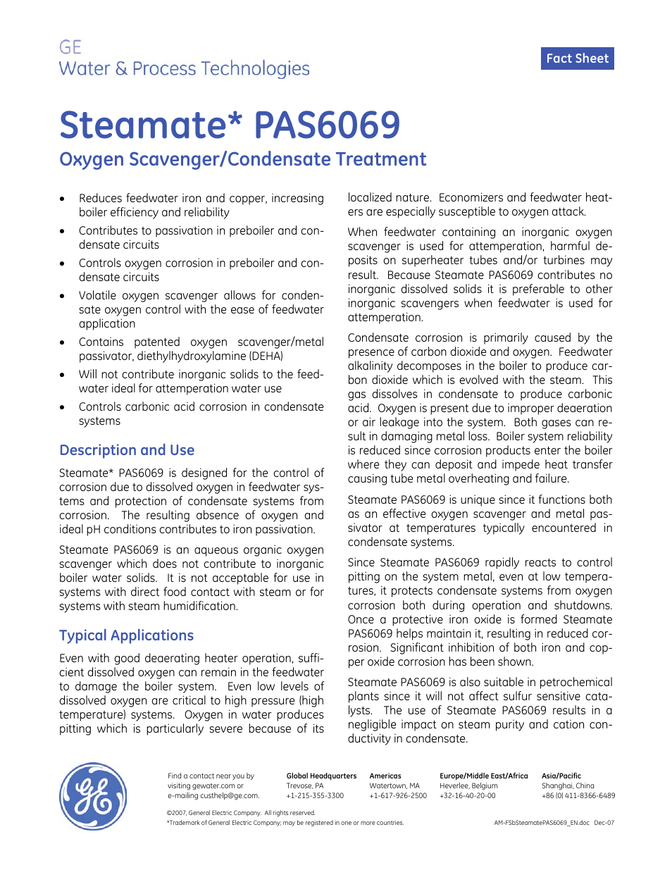 GE P&W Hydrogen Sulfide Scavengers - Steamate PAS6069 User Manual | 2 pages