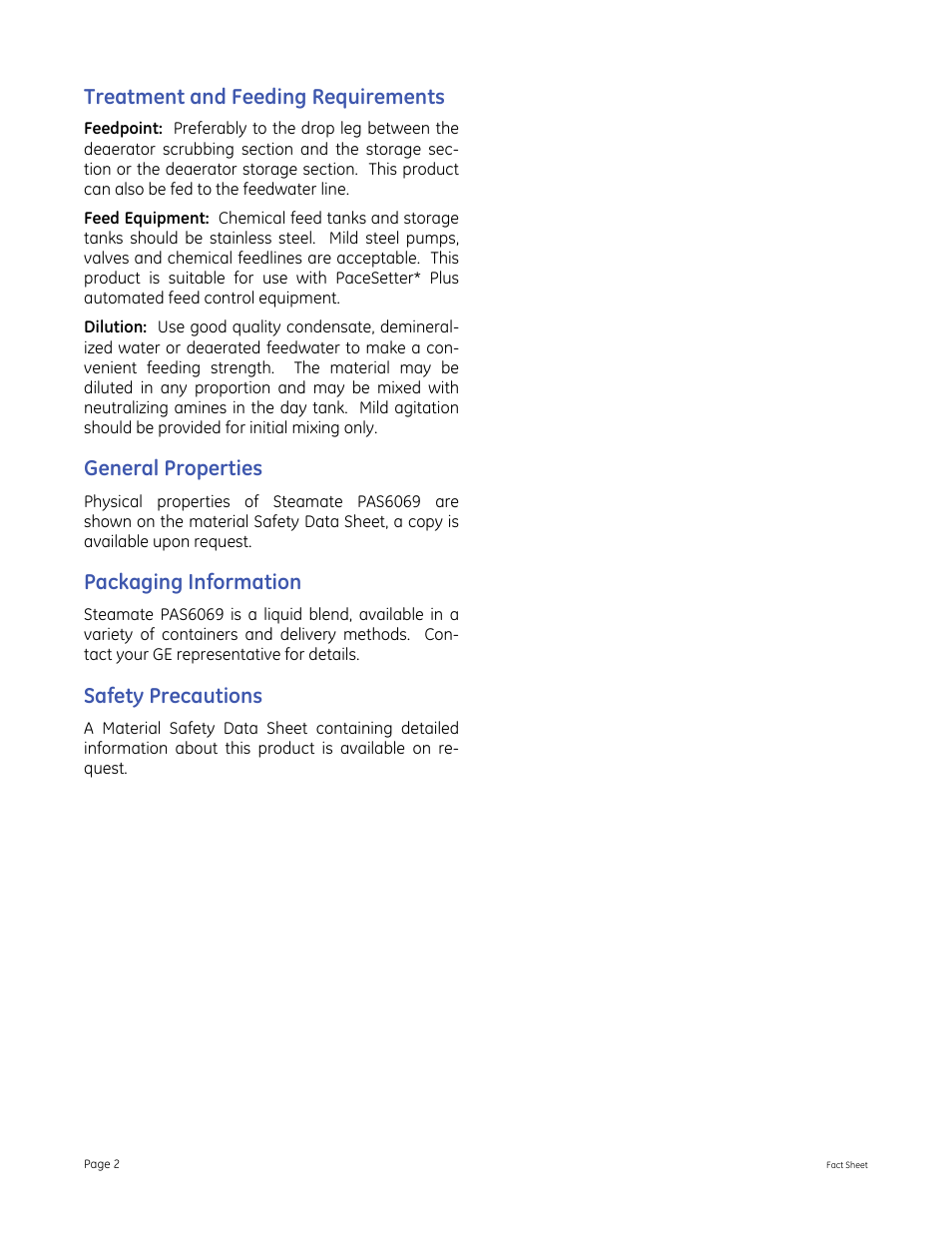 Treatment and feeding requirements, General properties, Packaging information | Safety precautions | GE P&W Hydrogen Sulfide Scavengers - Steamate PAS6069 User Manual | Page 2 / 2