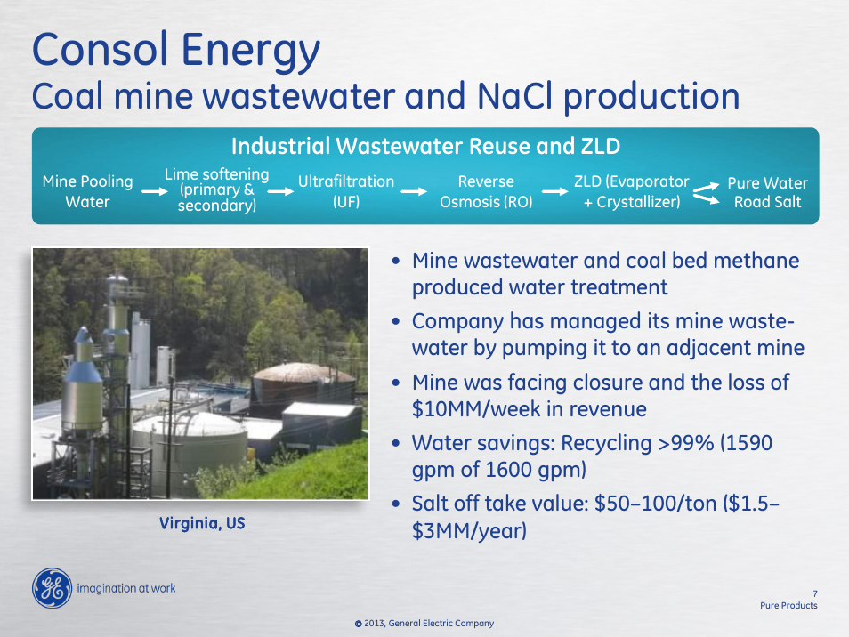 Consol energy, Coal mine wastewater and nacl production, Industrial wastewater reuse and zld | GE P&W Pure product concentrators and crystallizers User Manual | Page 7 / 19