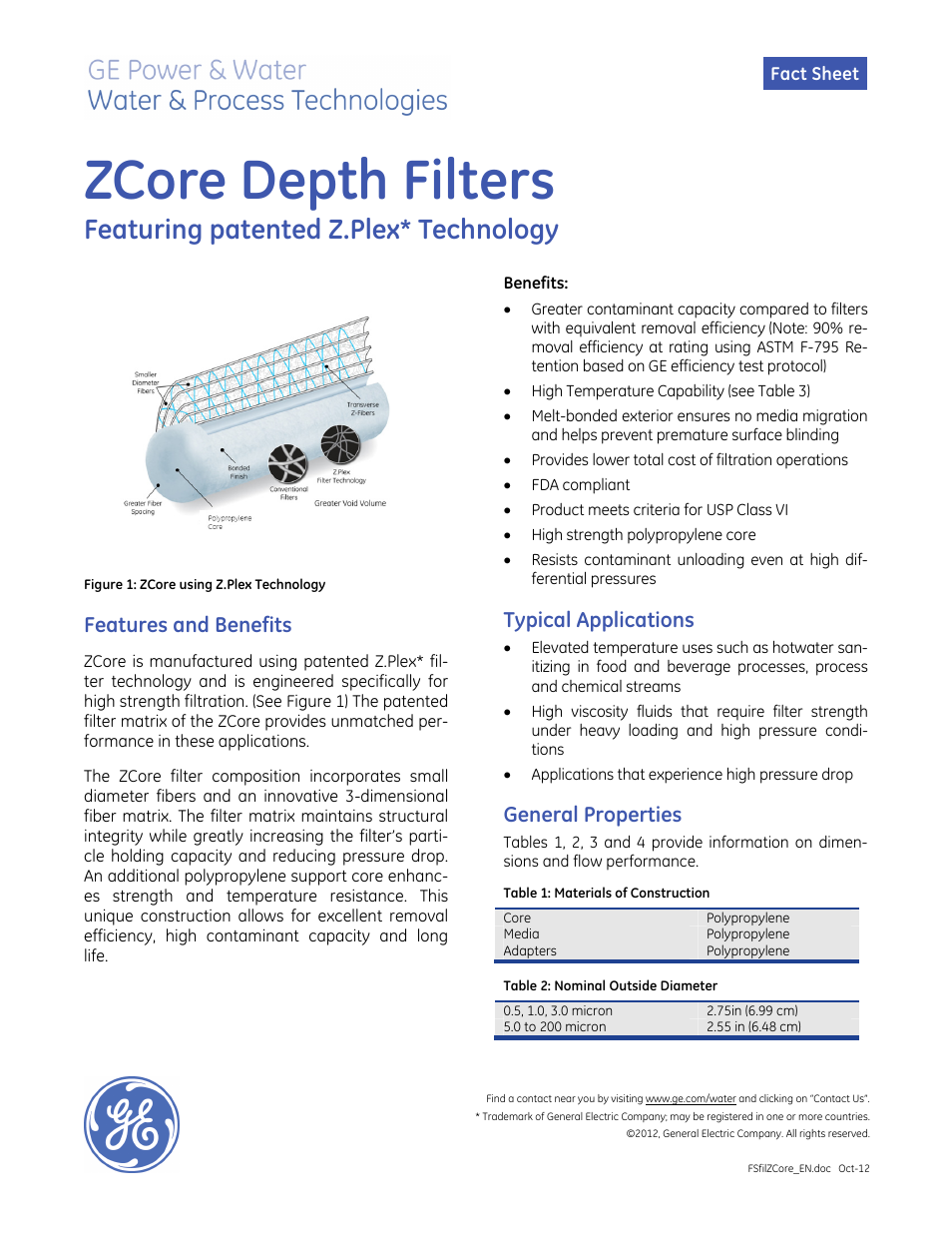 GE P&W ZCore Depth Filters User Manual | 2 pages