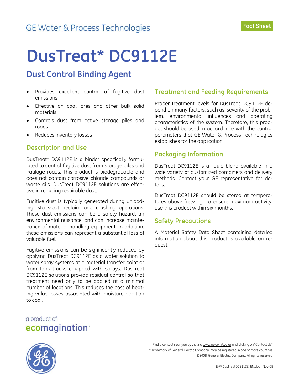 GE P&W CoalPlus - DusTreat DC9112E User Manual | 1 page