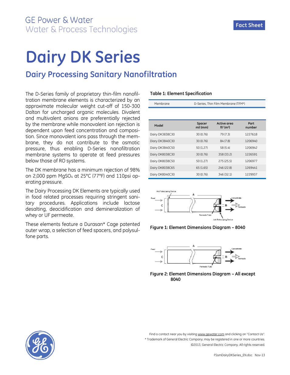 GE P&W Spiral Wound Membranes - Dairy DK Series User Manual | 2 pages