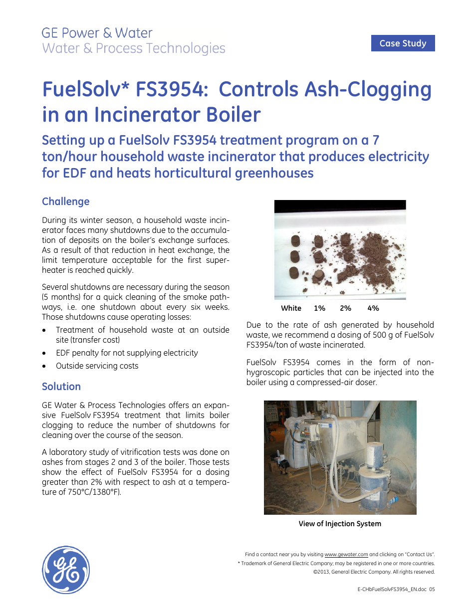 GE P&W FuelSolv FS3954: Controls Ash-Clogging in an Incinerator Boiler User Manual | 2 pages