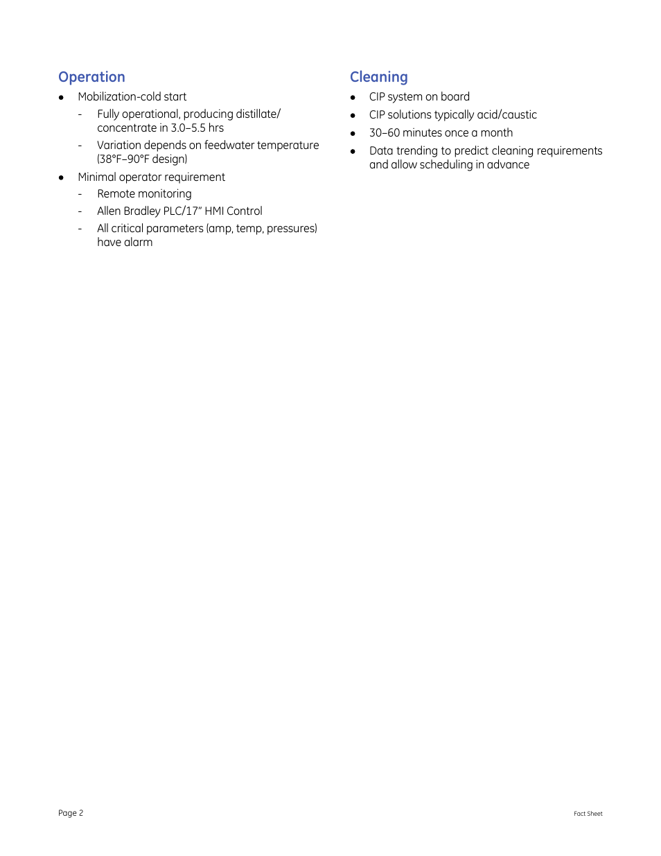 Operation, Cleaning | GE P&W Mobile Evaporator User Manual | Page 2 / 2