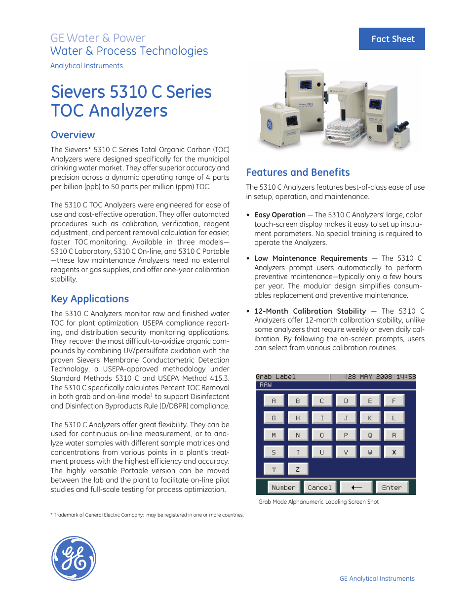 GE P&W Ultrapure and Drinking Water TOC Analyzers - Sievers 5310 C Series TOC Analyzers User Manual | 4 pages