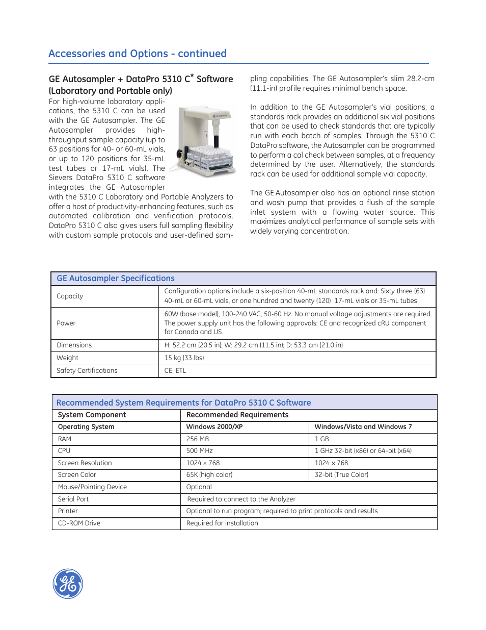 Accessories and options - continued | GE P&W Ultrapure and Drinking Water TOC Analyzers - Sievers 5310 C Series TOC Analyzers User Manual | Page 3 / 4