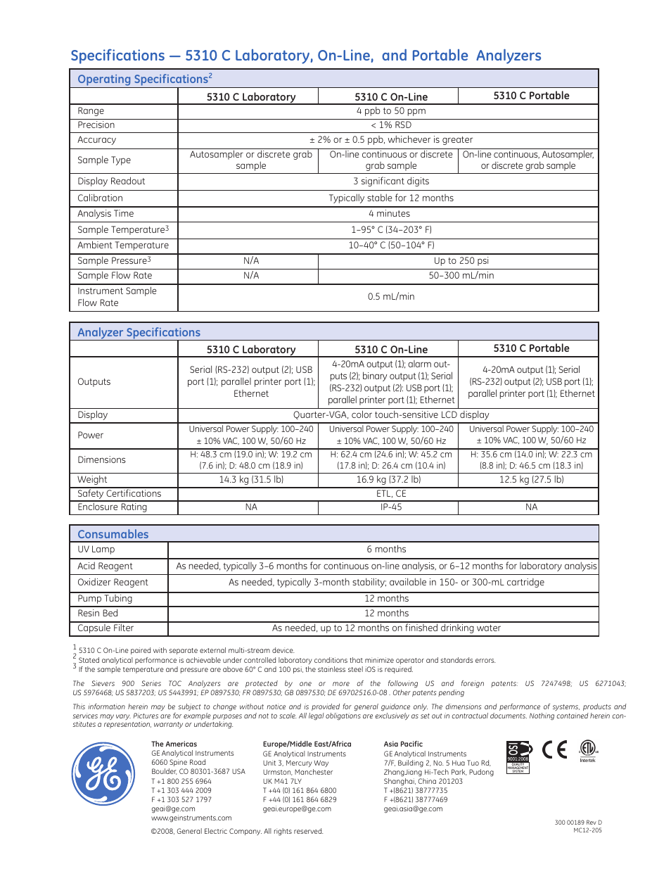 Consumables, Analyzer specifications, Operating specifications | GE P&W Ultrapure and Drinking Water TOC Analyzers - Sievers 5310 C Series TOC Analyzers User Manual | Page 4 / 4