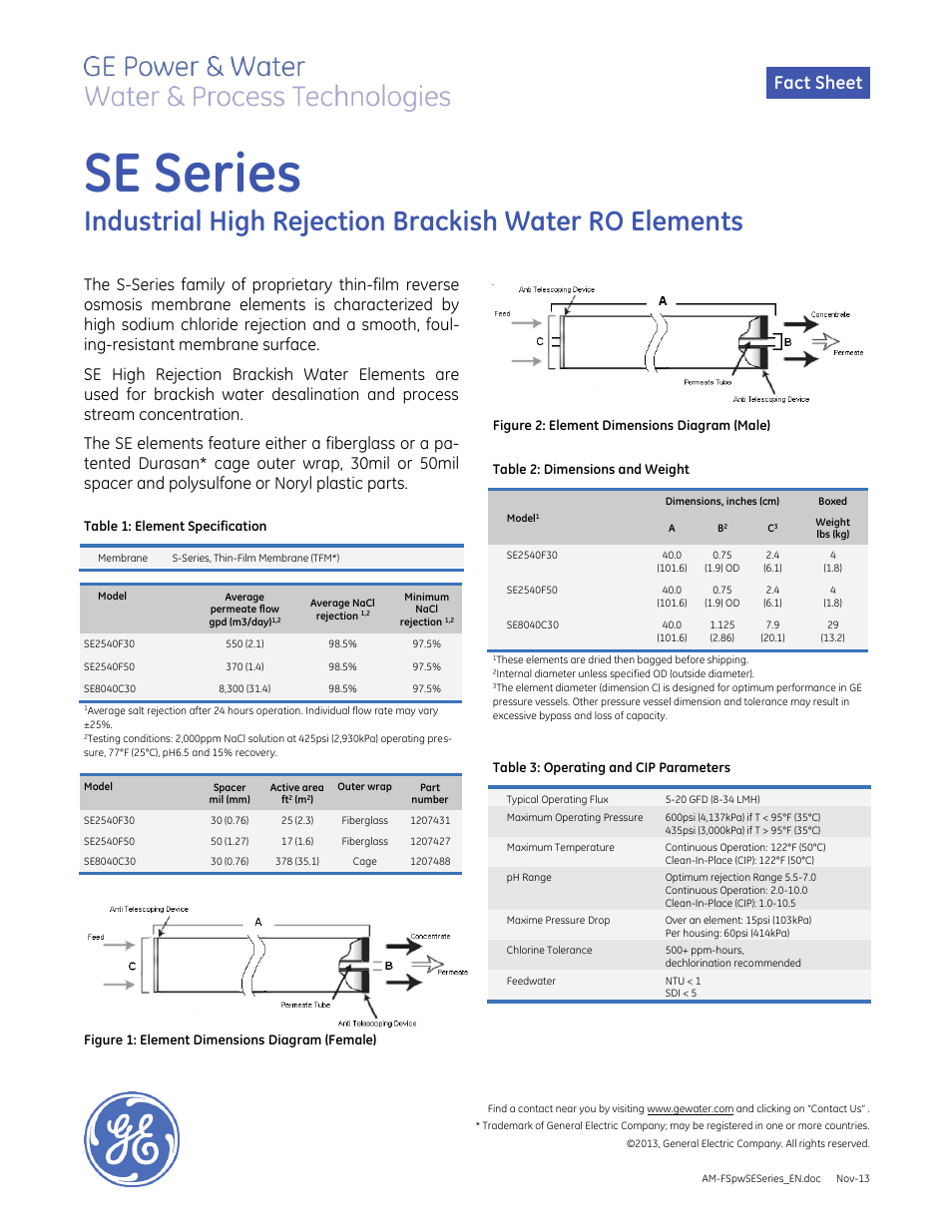 GE P&W Spiral Wound Membranes - SE Series User Manual | 1 page