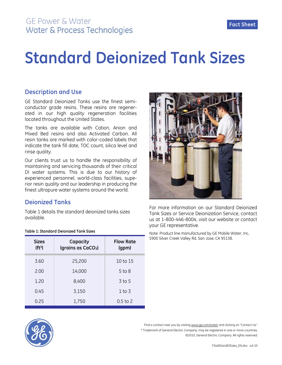 GE P&W Service Deionization (SDI) - Standard Deionized Tank Sizes User Manual | 1 page