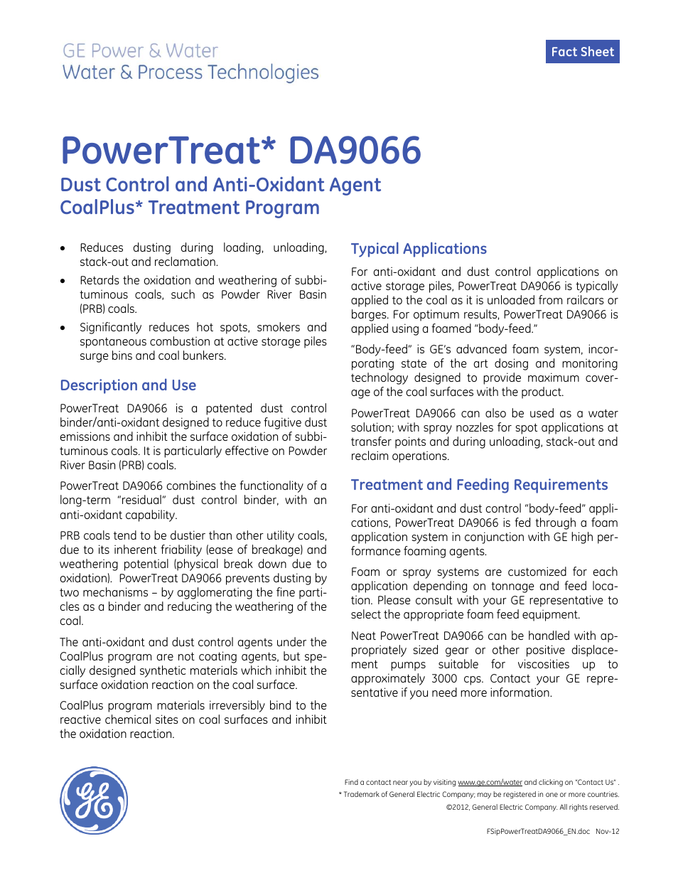 GE P&W PowerTreat DA9066 User Manual | 2 pages