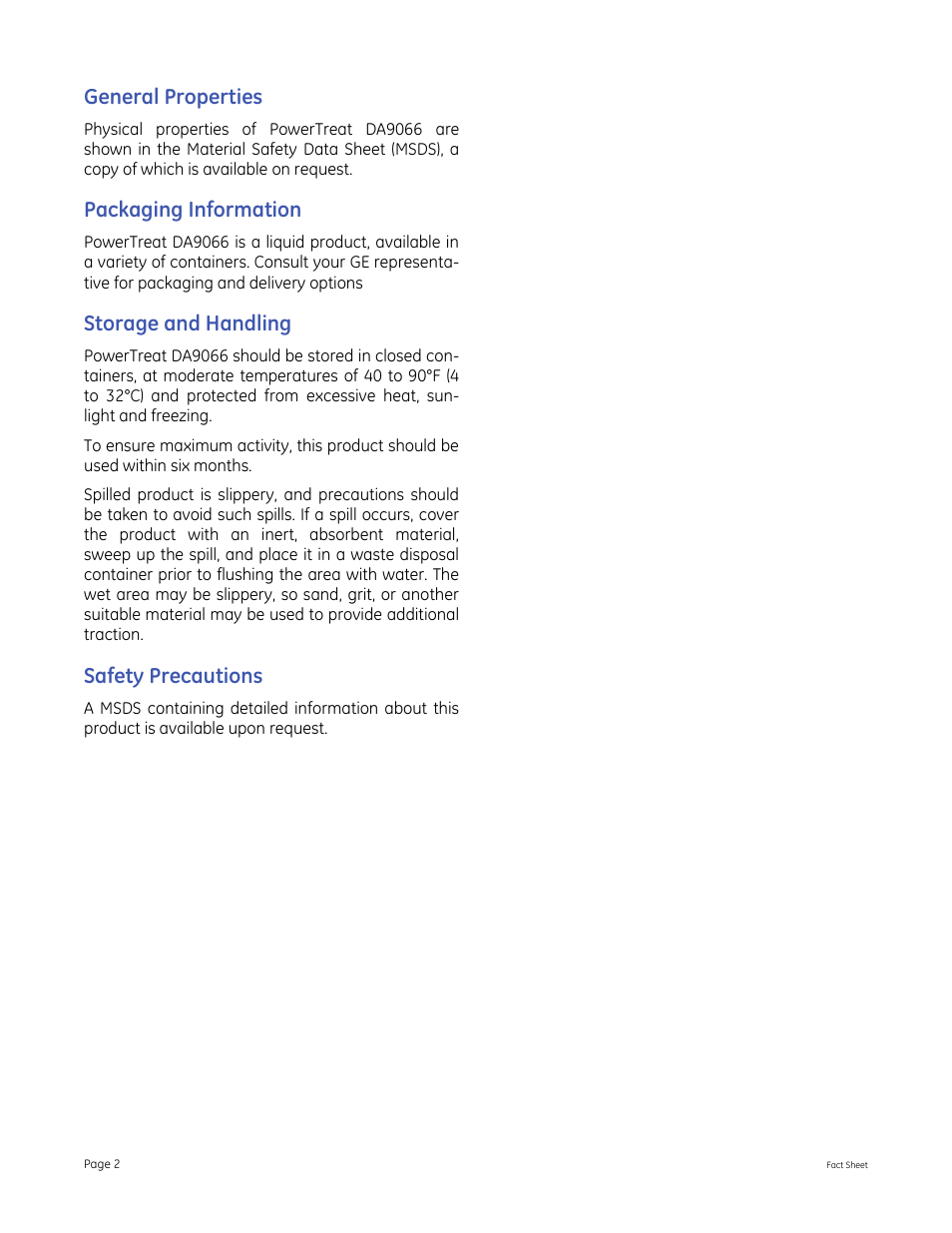 General properties, Packaging information, Storage and handling | Safety precautions | GE P&W PowerTreat DA9066 User Manual | Page 2 / 2