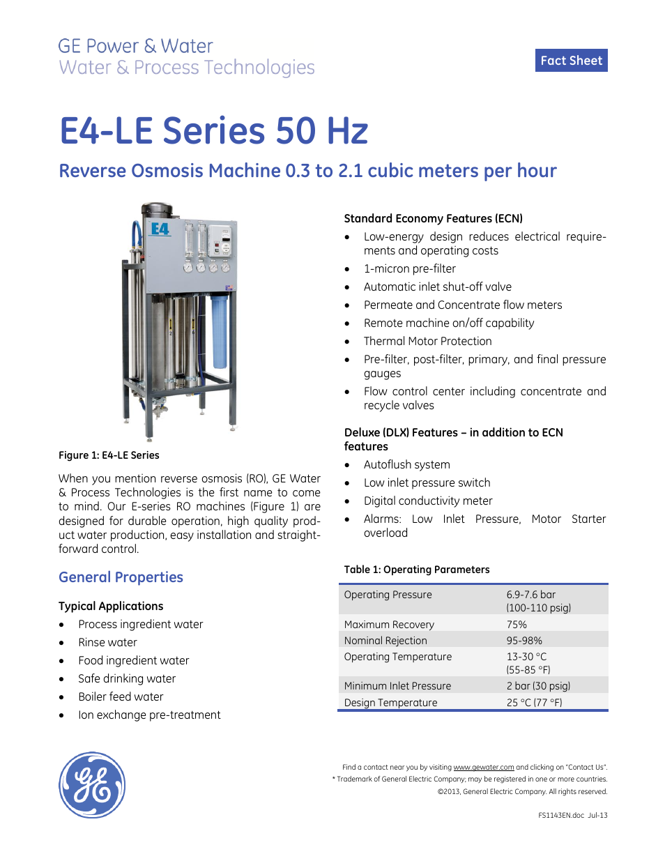GE P&W E-Series Reverse Osmosis - E4 LE 50 Hz User Manual | 2 pages