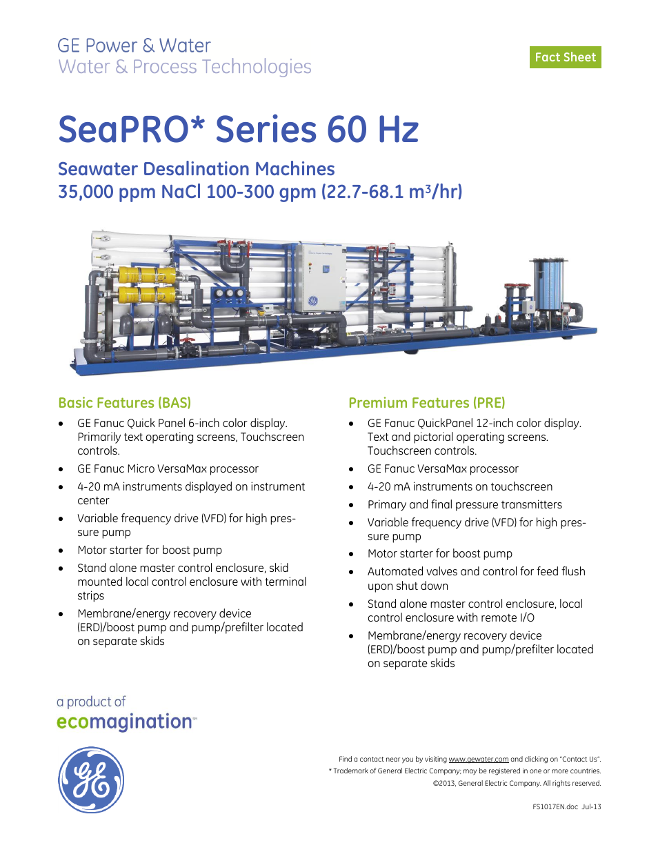 GE P&W SeaPRO 60 Hz 35,000 ppm NaCl 100-300 gpm User Manual | 3 pages