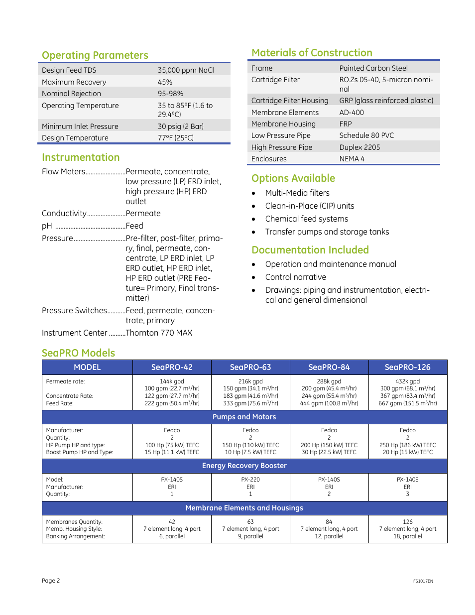 Operating parameters, Instrumentation, Materials of construction | Options available, Documentation included, Seapro models | GE P&W SeaPRO 60 Hz 35,000 ppm NaCl 100-300 gpm User Manual | Page 2 / 3