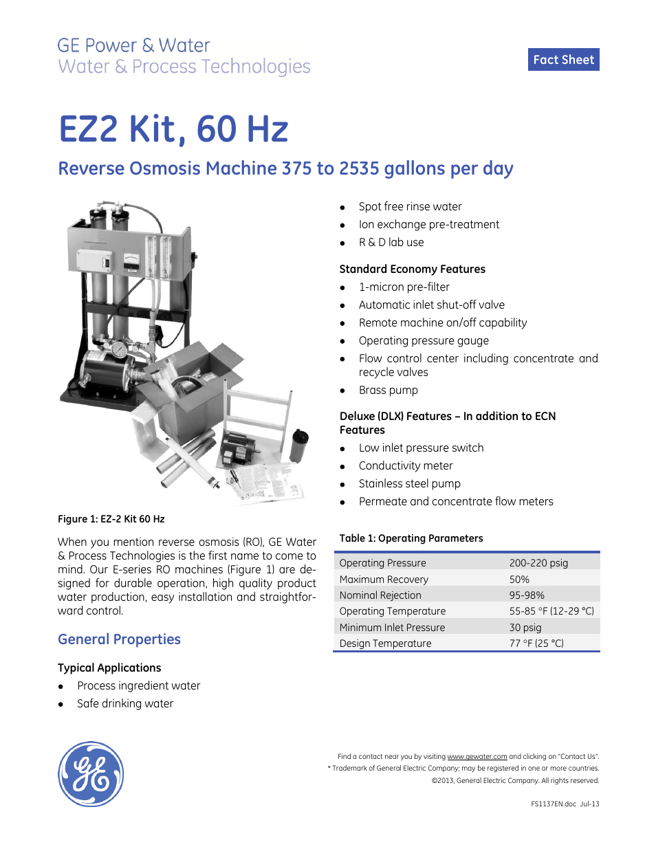 GE P&W E-Series Reverse Osmosis - EZ-2 Kit 60 Hz User Manual | 2 pages