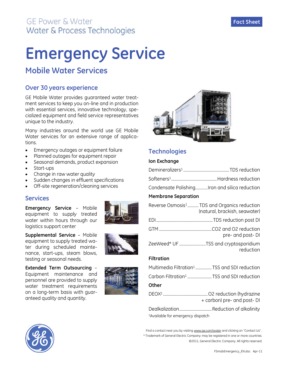 GE P&W Mobile Water Treatment Systems - Emergency Service - Mobile Water Services User Manual | 2 pages