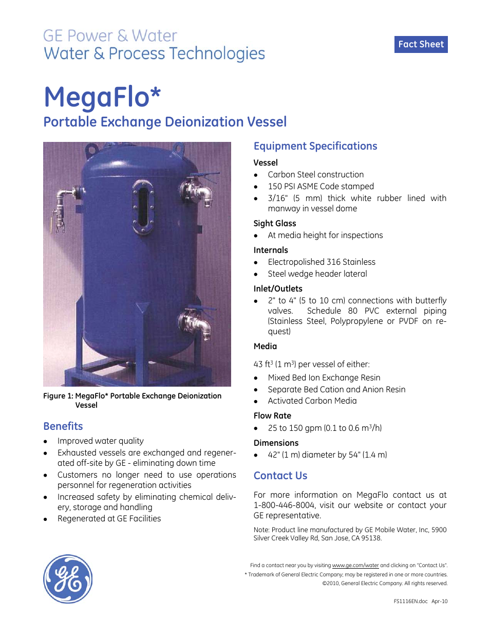 GE P&W Service Deionization (SDI) - MegaFlo User Manual | 1 page