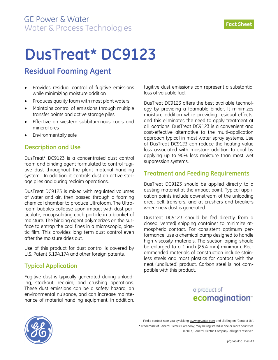 GE P&W CoalPlus - DusTreat DC9123 User Manual | 2 pages