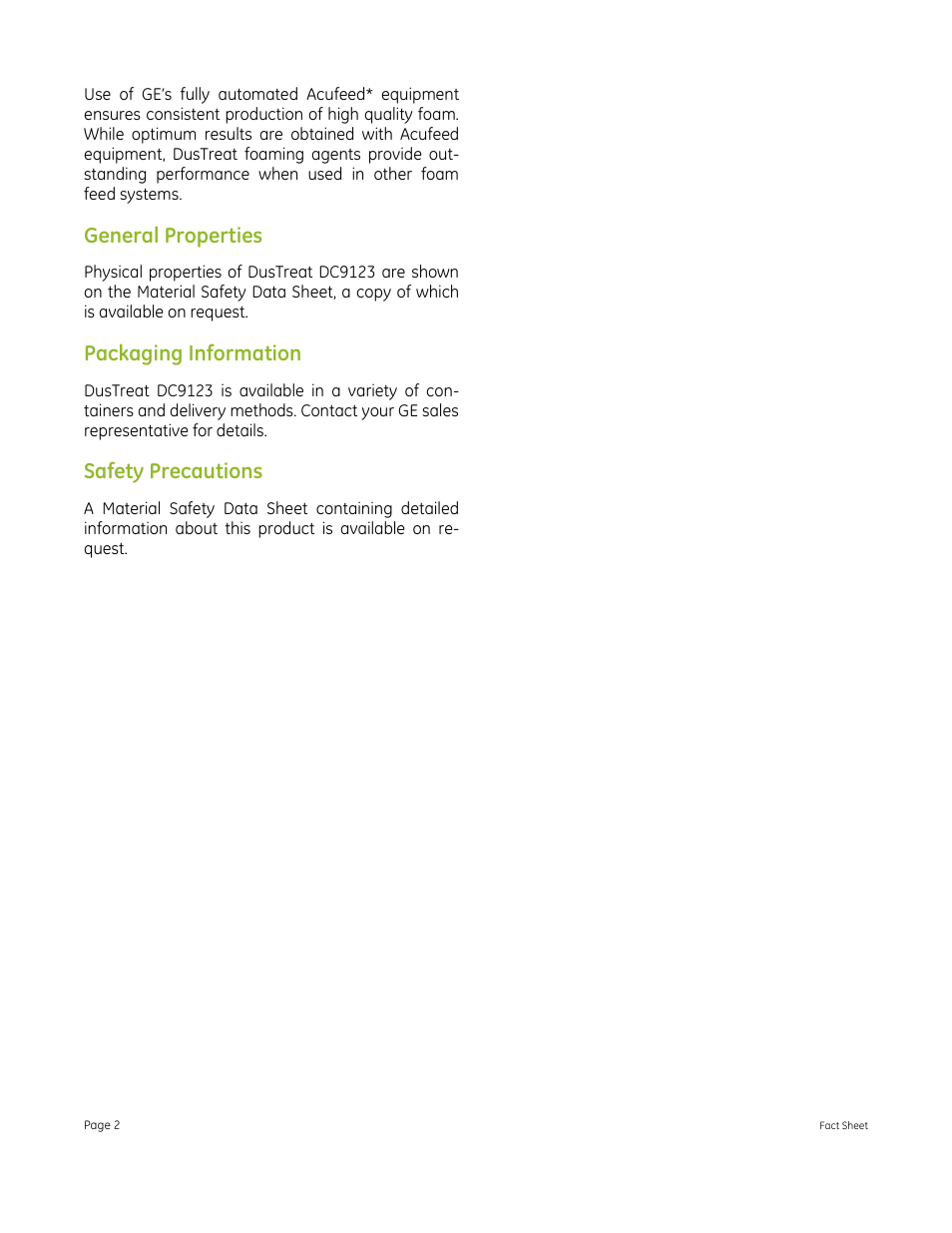 General properties, Packaging information, Safety precautions | GE P&W CoalPlus - DusTreat DC9123 User Manual | Page 2 / 2