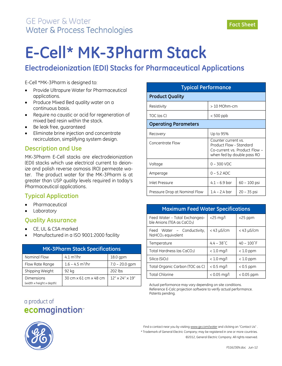 GE P&W Electrodeionization (EDI) - E-Cell MK-3Pharm Stack User Manual | 1 page