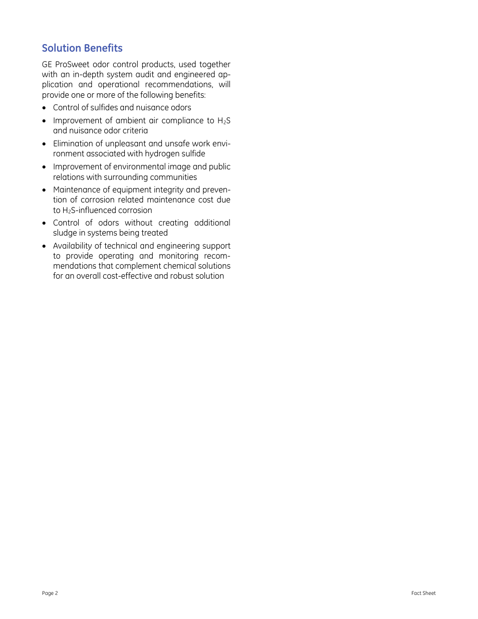 Solution benefits | GE P&W ProSweet Odor Control Chemicals User Manual | Page 2 / 2