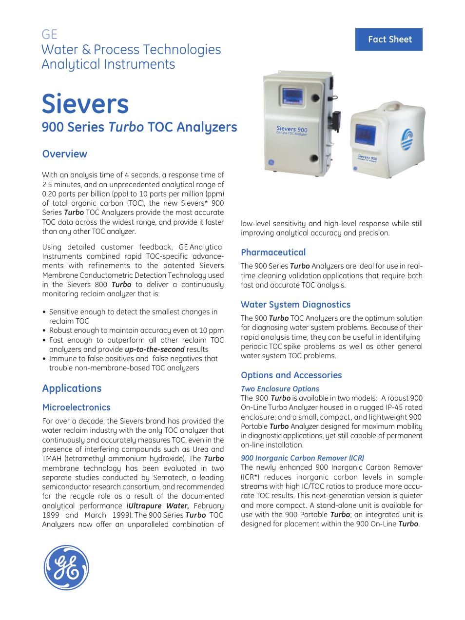 GE P&W Ultrapure and Drinking Water TOC Analyzers - Turbo TOC Analyzers 900 Series Brochure User Manual | 2 pages