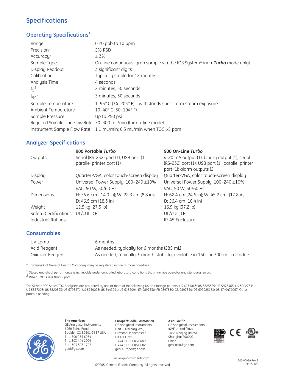 Specifications, Operating specifications, Analyzer specifications | Consumables | GE P&W Ultrapure and Drinking Water TOC Analyzers - Turbo TOC Analyzers 900 Series Brochure User Manual | Page 2 / 2