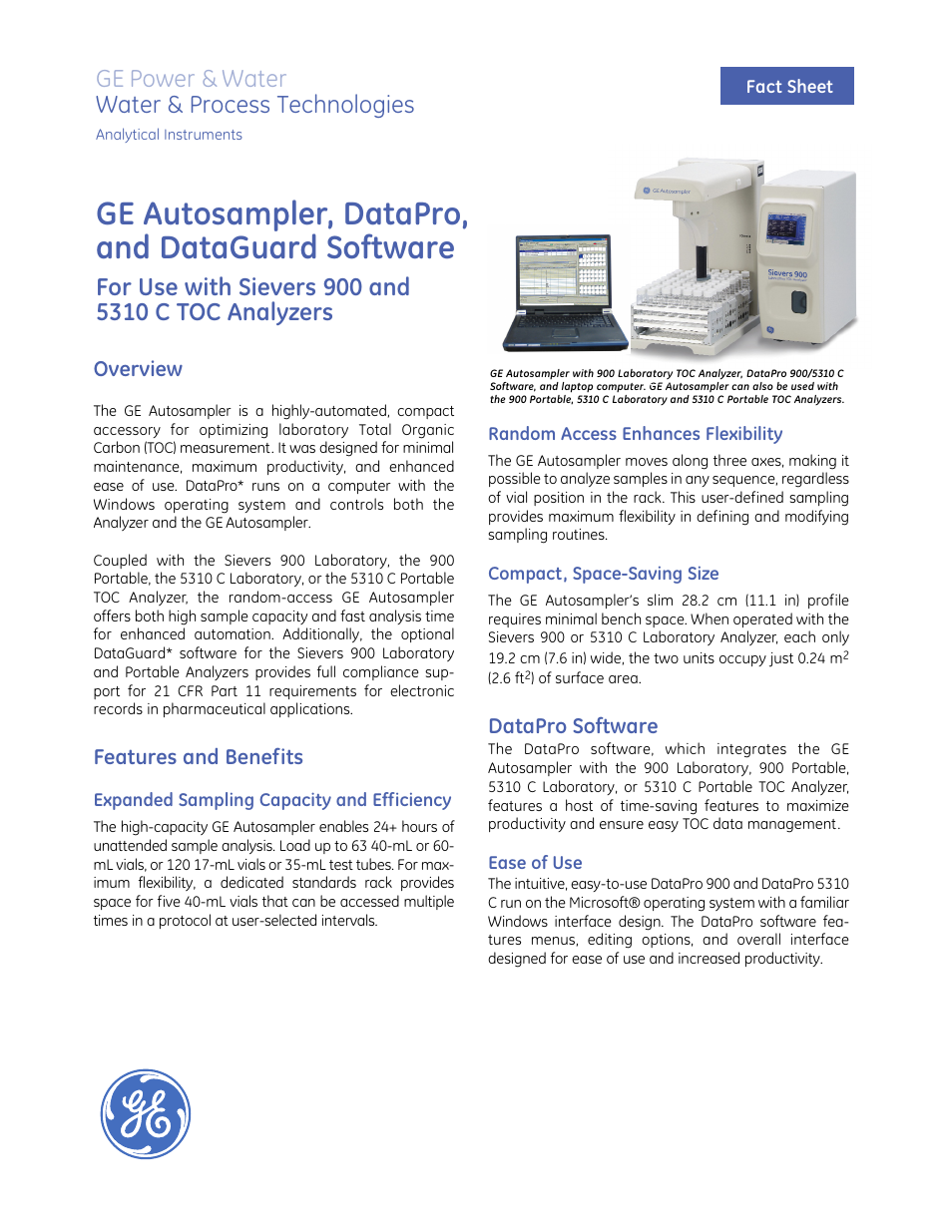 GE P&W Ultrapure and Drinking Water TOC Analyzers - GE Autosampler, DataPro and DataGuard Software For use with Sievers 900 and 5310 C TOC Analyzers User Manual | 4 pages